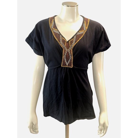 French Laundry Size Medium Black Cotton Tunic Top Embroidered Boho City Chic - Picture 2 of 11